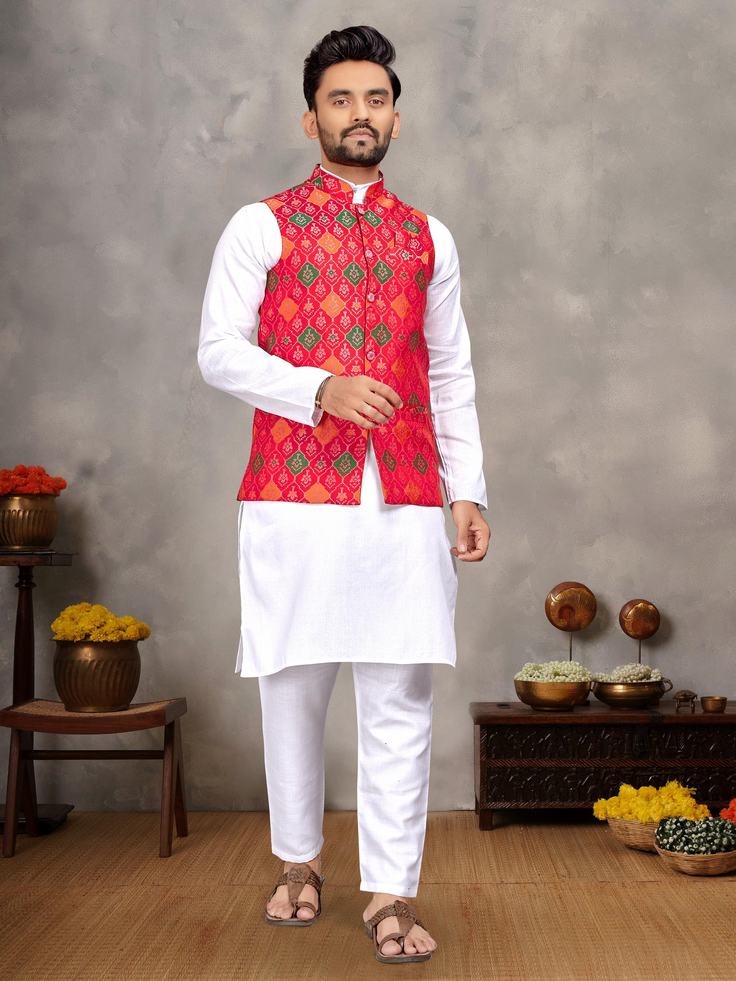 Red Pure Jecqard Weaving Silk Saree With Kurta Pajama Jacket Matching Couple Combo Set