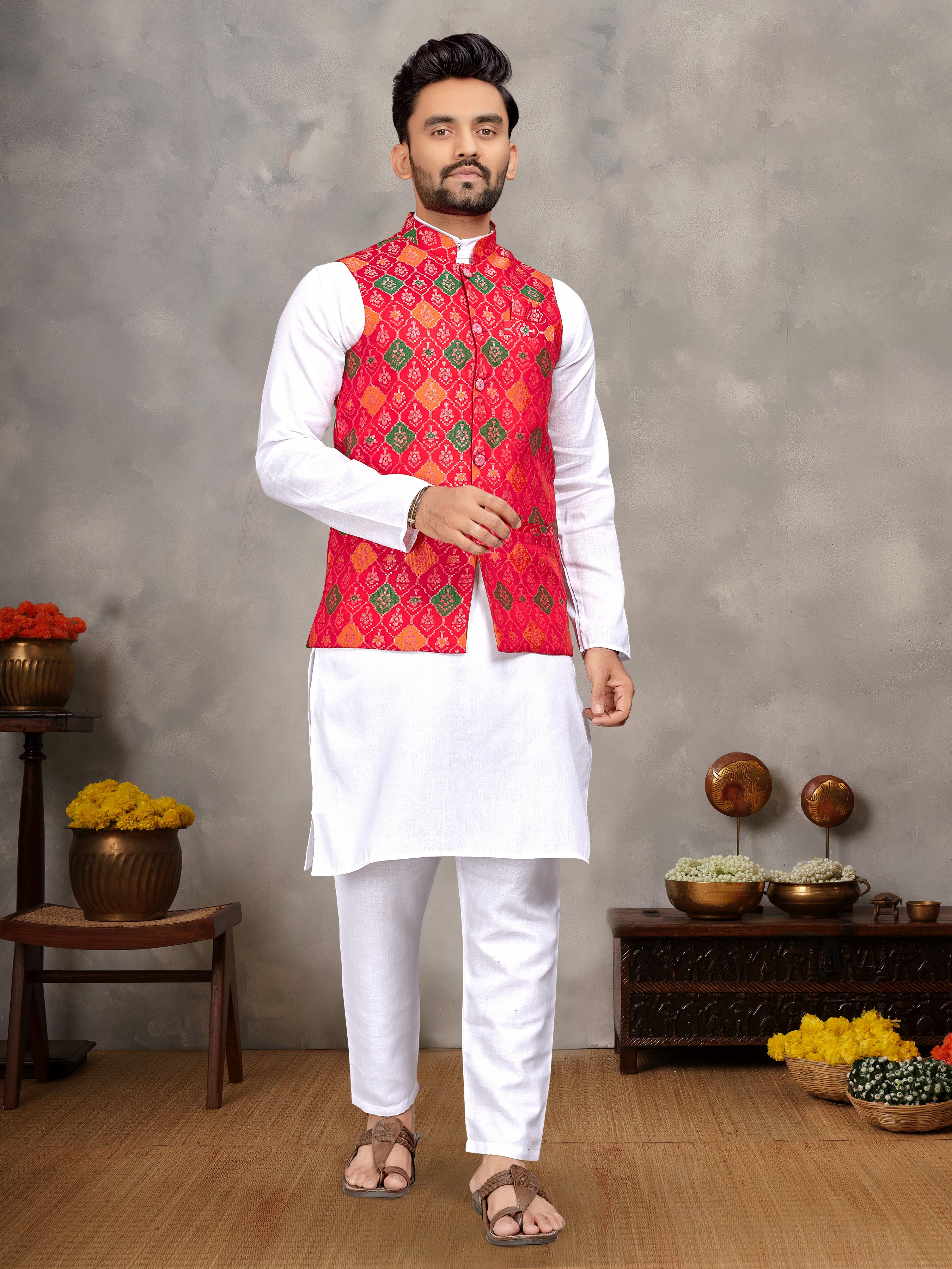 Red Pure Jecqard Weaving Silk Saree With Kurta Pajama Jacket Matching Couple Combo Set