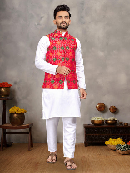 Red Pure Jecqard Weaving Silk Saree With Kurta Pajama Jacket Matching Couple Combo Set