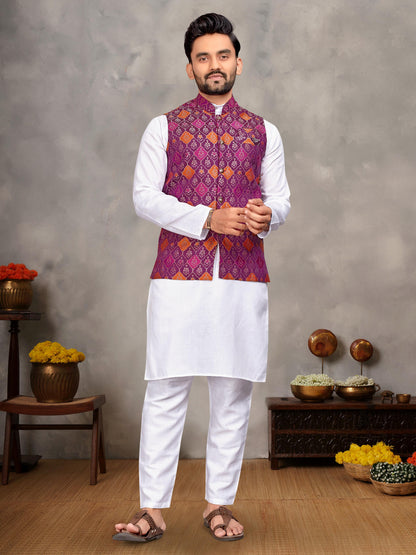 Purple Pure Jecqard Weaving Silk Saree With Kurta Pajama Jacket Matching Couple Combo Set