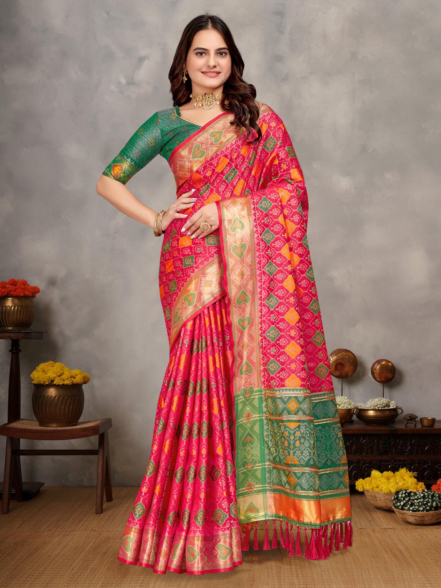 Red Pure Jecqard Weaving Silk Saree With Kurta Pajama Jacket Matching Couple Combo Set
