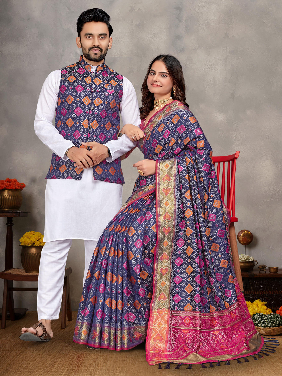 Purple Pure Jecqard Weaving Silk Saree With Kurta Pajama Jacket Matching Couple Combo Set
