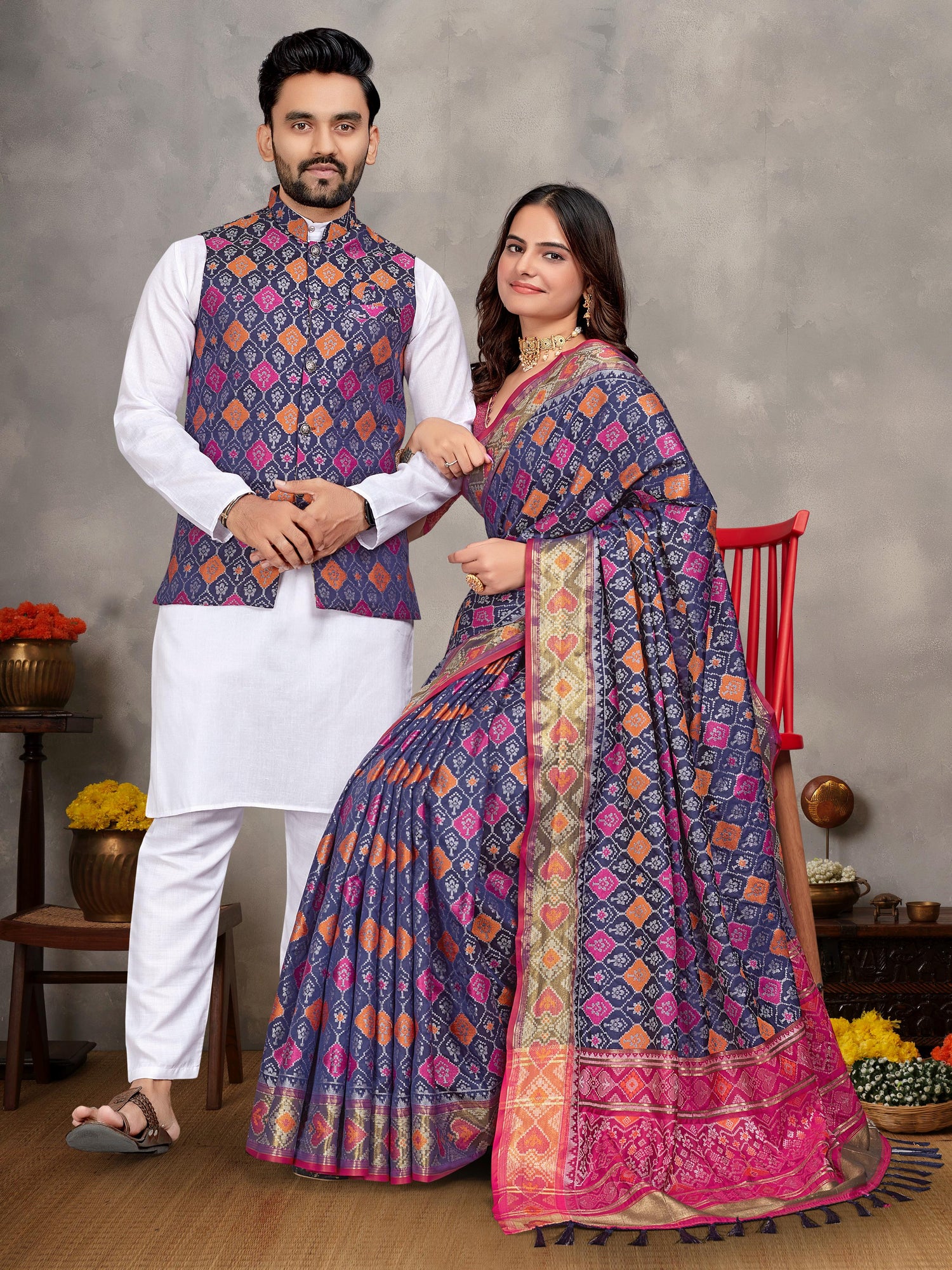 Purple Pure Jecqard Weaving Silk Saree With Kurta Pajama Jacket Matching Couple Combo Set