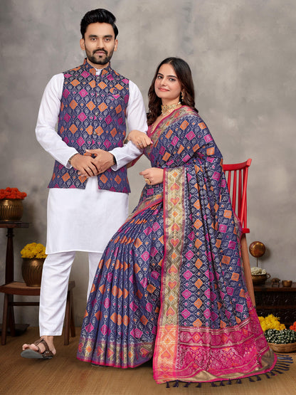 Purple Pure Jecqard Weaving Silk Saree With Kurta Pajama Jacket Matching Couple Combo Set