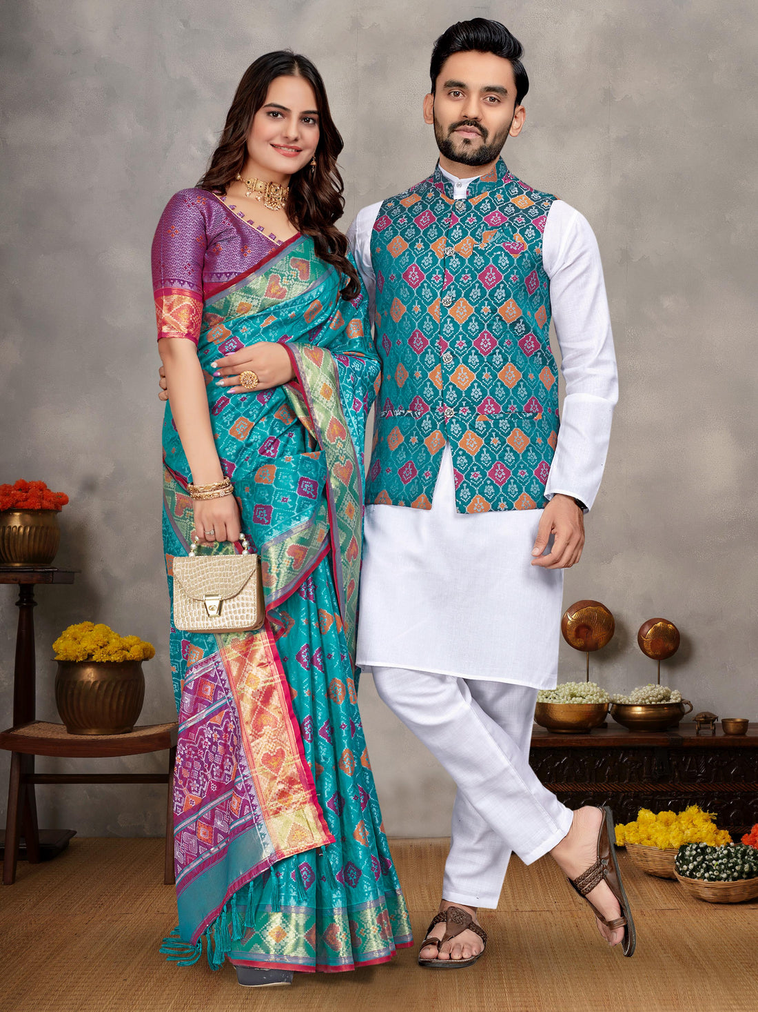 Sky Pure Jecqard Weaving Silk Saree With Kurta Pajama Jacket Matching Couple Combo Set