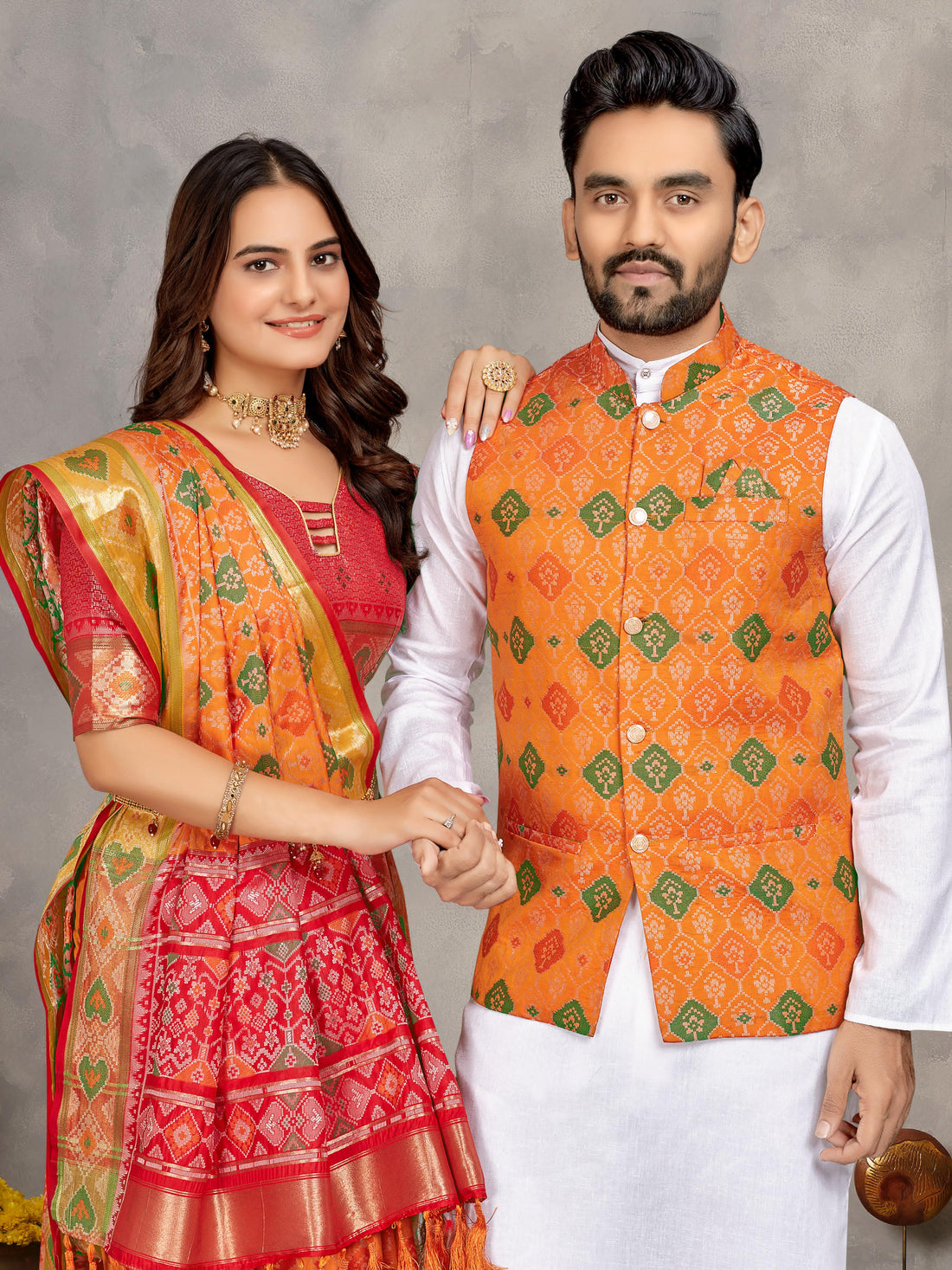 Yellow Pure Jecqard Weaving Silk Saree With Kurta Pajama Jacket Matching Couple Combo Set