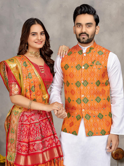 Yellow Pure Jecqard Weaving Silk Saree With Kurta Pajama Jacket Matching Couple Combo Set