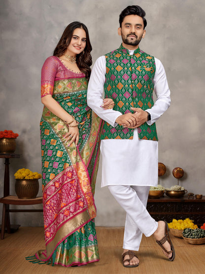 Green Pure Jecqard Weaving Silk Saree With Kurta Pajama Jacket Matching Couple Combo Set