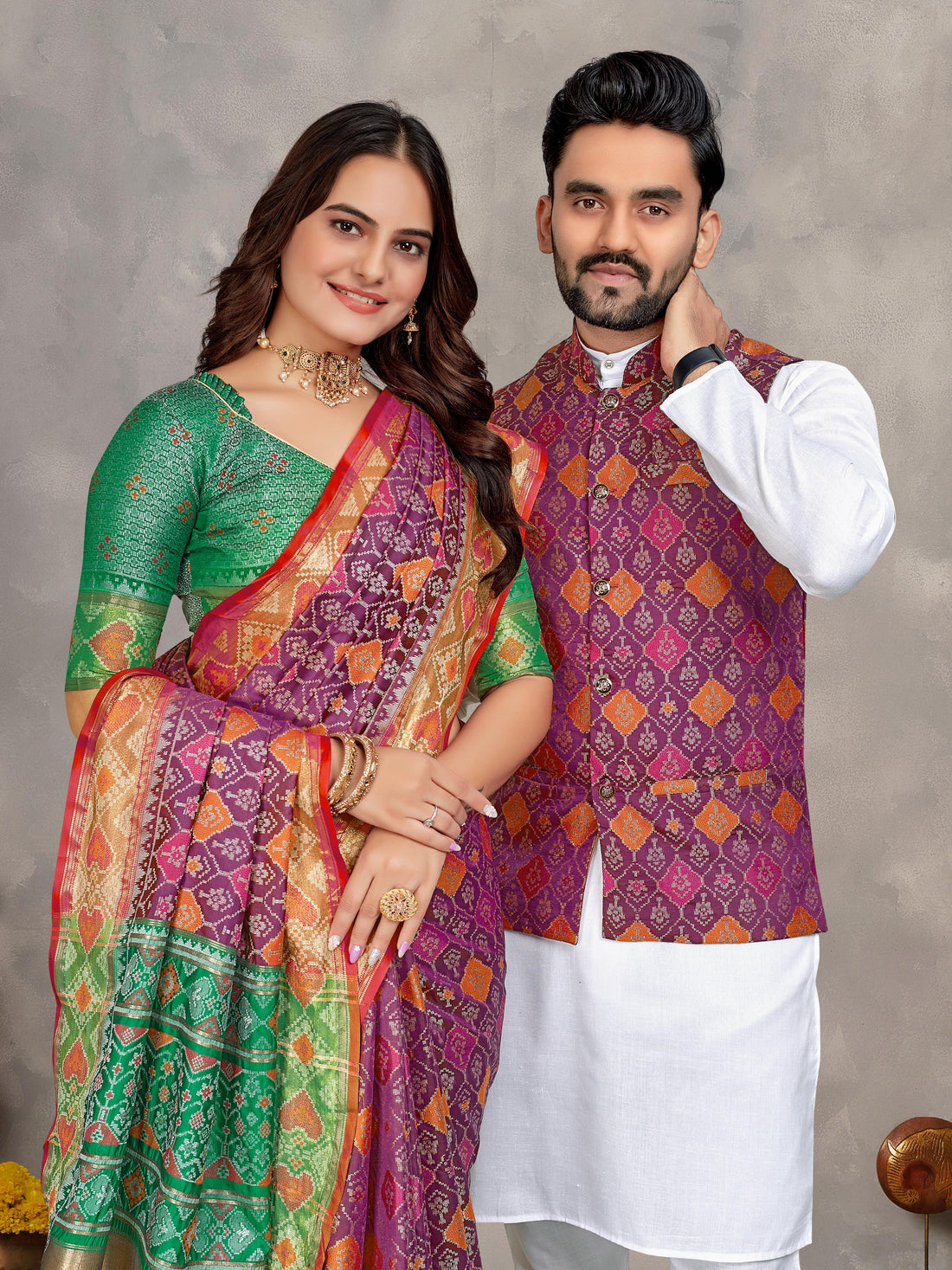Purple Pure Jecqard Weaving Silk Saree With Kurta Pajama Jacket Matching Couple Combo Set