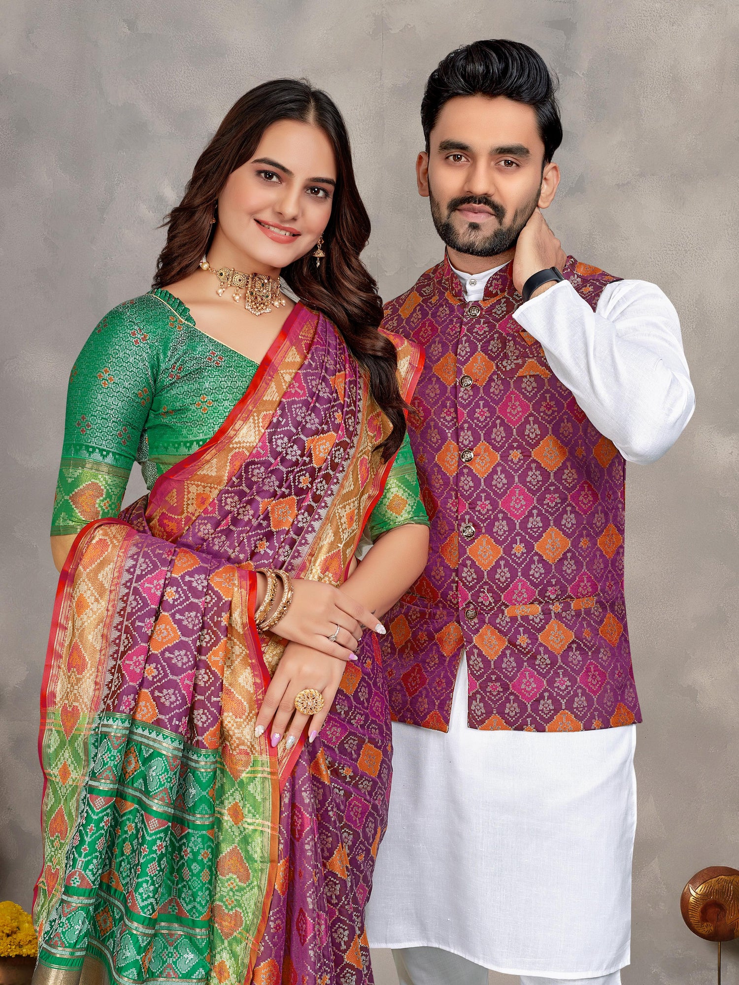 Purple Pure Jecqard Weaving Silk Saree With Kurta Pajama Jacket Matching Couple Combo Set