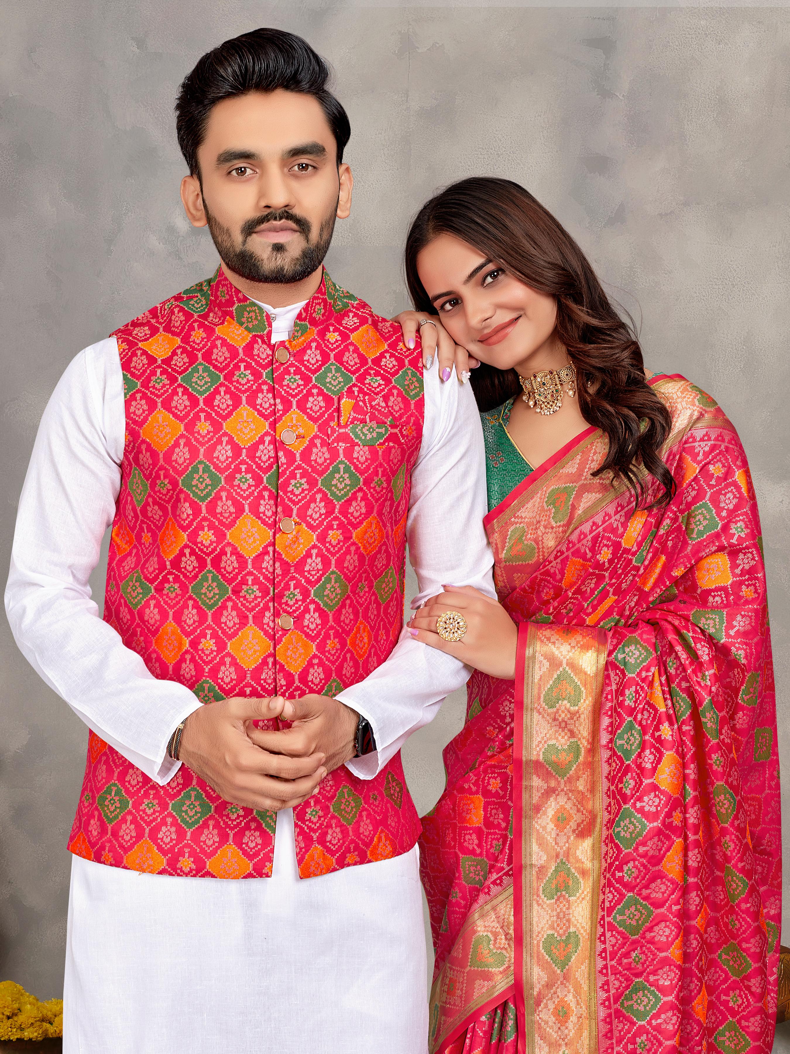 Red Pure Jecqard Weaving Silk Saree With Kurta Pajama Jacket Matching Couple Combo Set