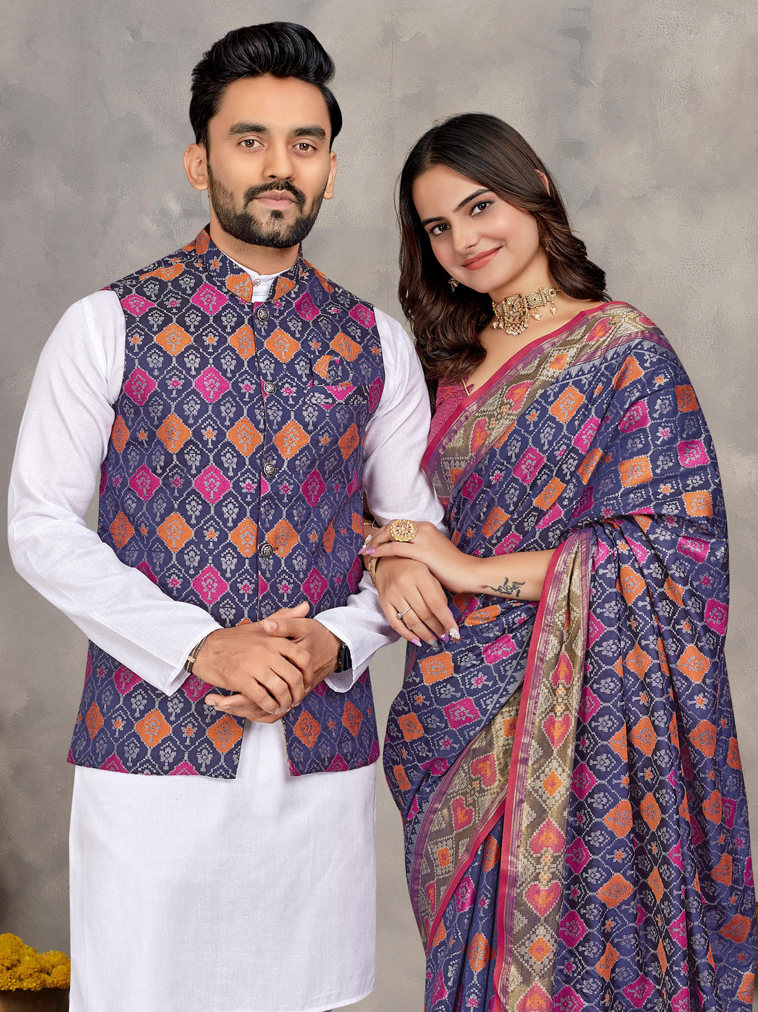 Purple Pure Jecqard Weaving Silk Saree With Kurta Pajama Jacket Matching Couple Combo Set