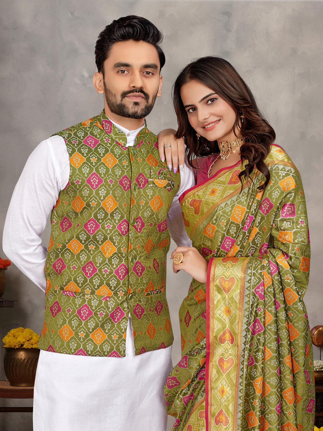 Mahendi Pure Jecqard Weaving Silk Saree With Kurta Pajama Jacket Matching Couple Combo Set