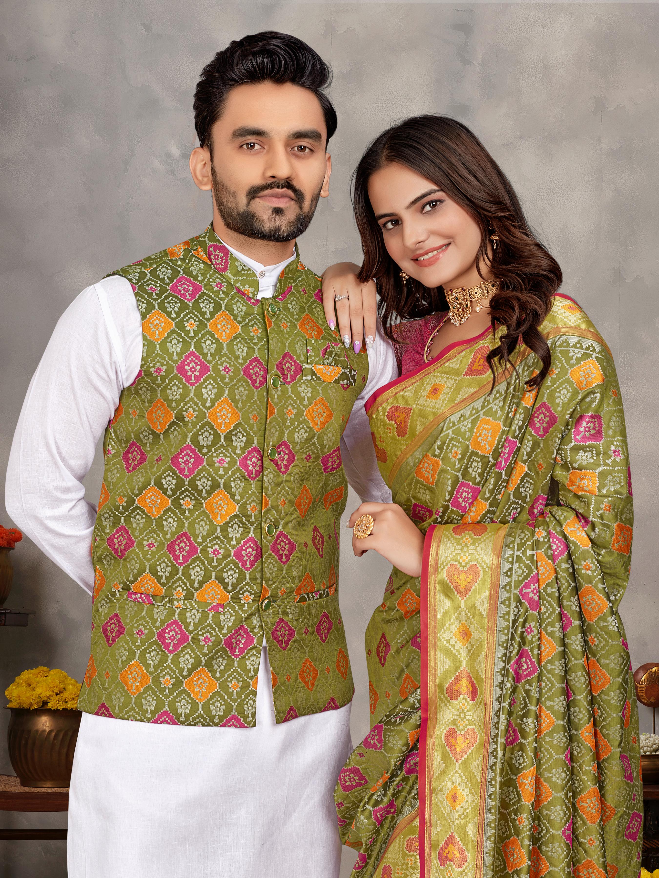 Mahendi Pure Jecqard Weaving Silk Saree With Kurta Pajama Jacket Matching Couple Combo Set