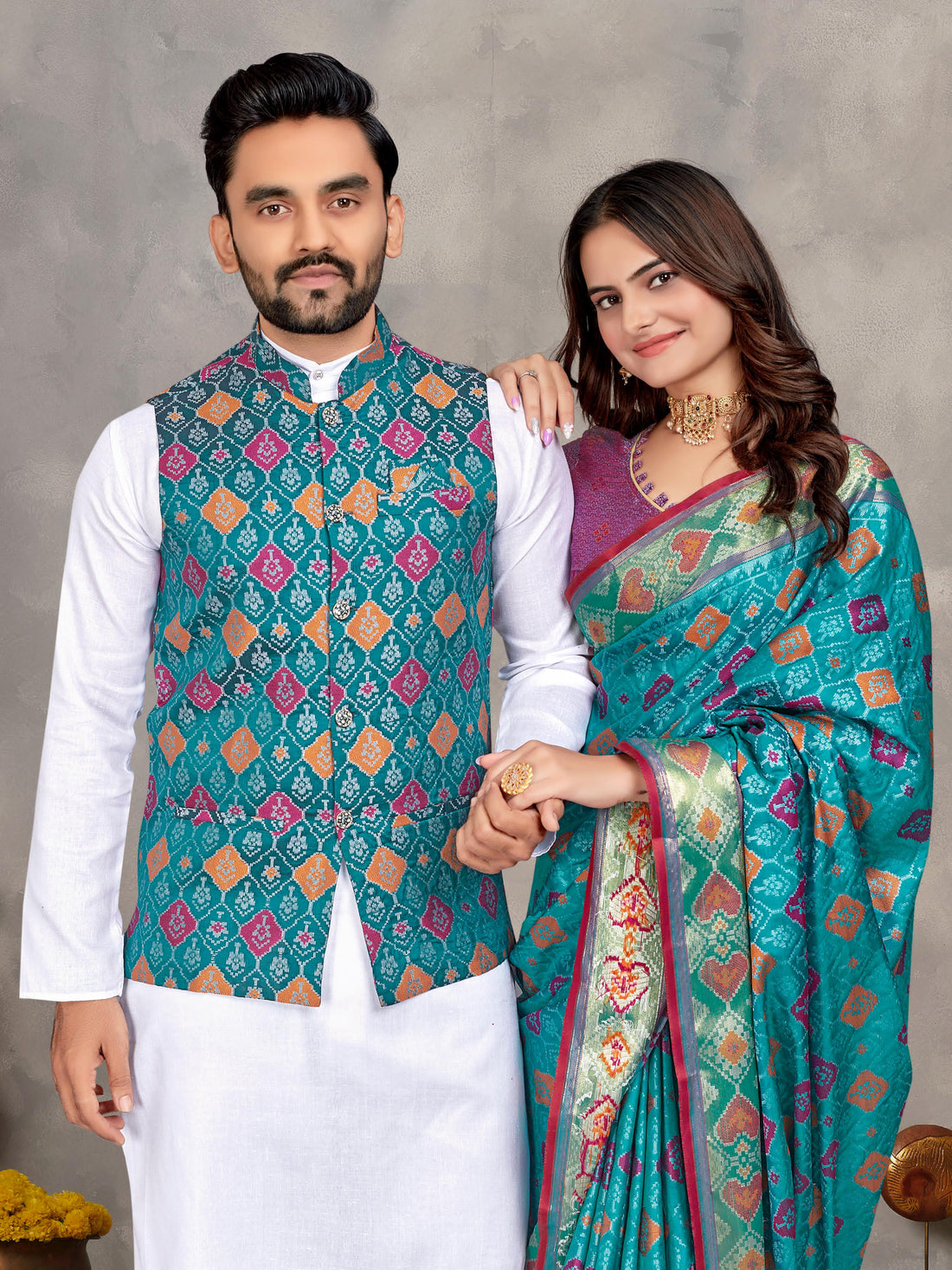 Sky Pure Jecqard Weaving Silk Saree With Kurta Pajama Jacket Matching Couple Combo Set
