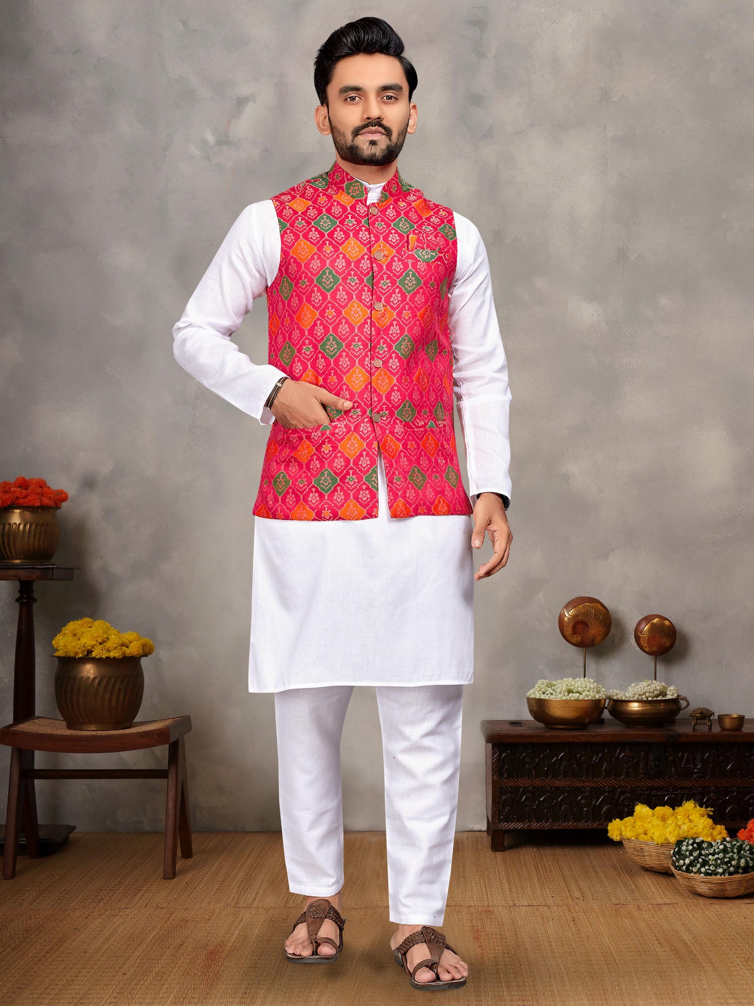 Red Pure Jecqard Weaving Silk Saree With Kurta Pajama Jacket Matching Couple Combo Set