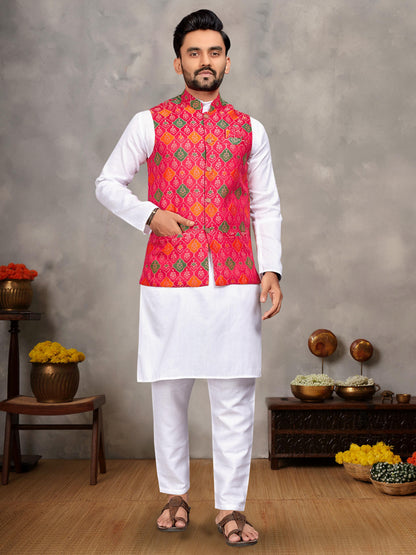 Red Pure Jecqard Weaving Silk Saree With Kurta Pajama Jacket Matching Couple Combo Set