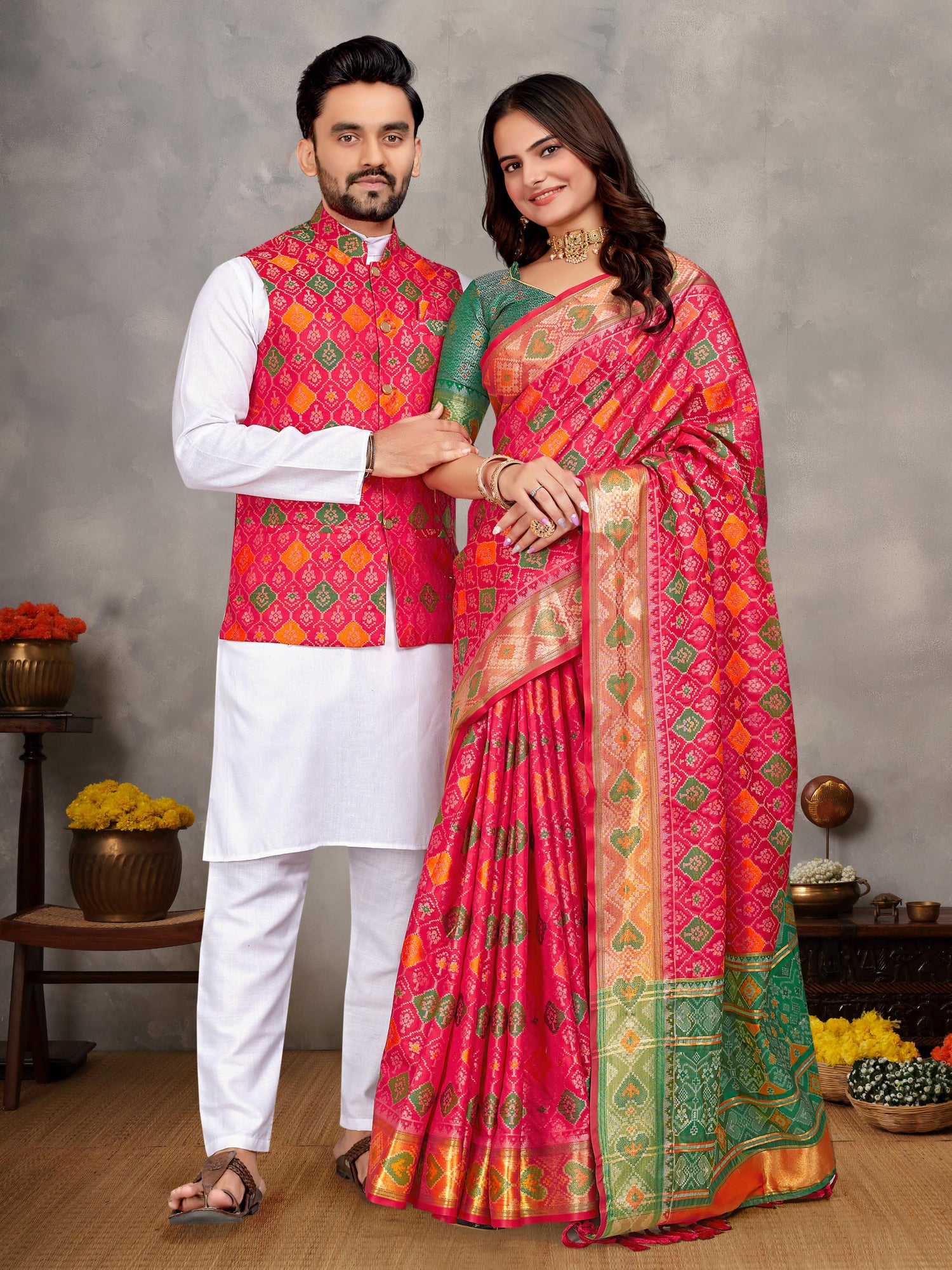 Red Pure Jecqard Weaving Silk Saree With Kurta Pajama Jacket Matching Couple Combo Set