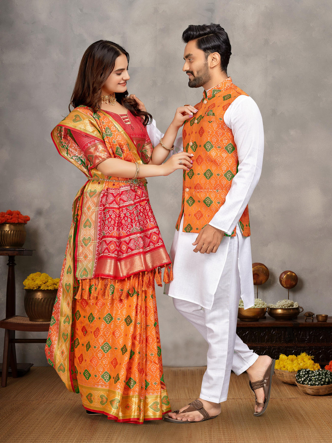 Yellow Pure Jecqard Weaving Silk Saree With Kurta Pajama Jacket Matching Couple Combo Set