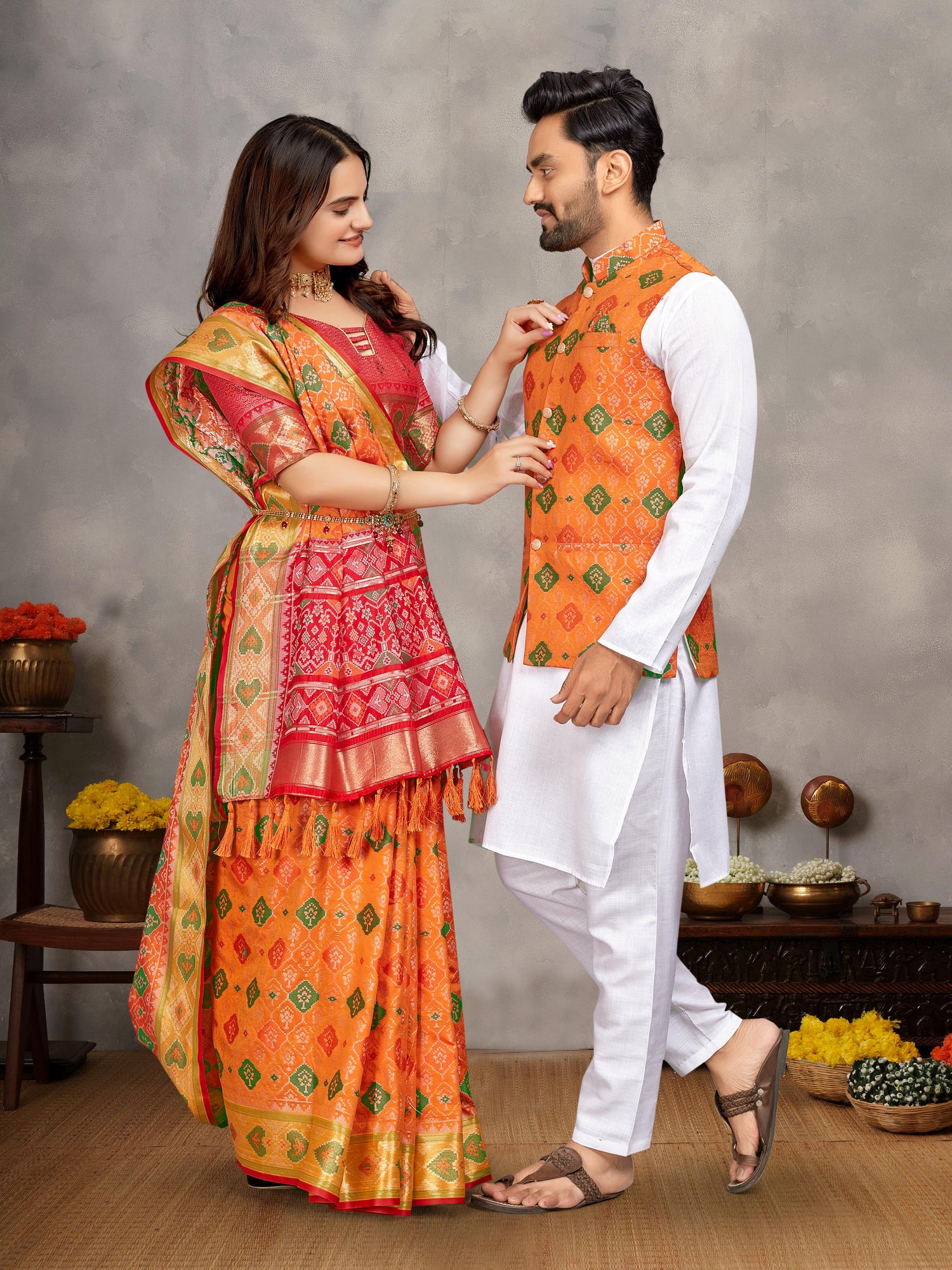 Yellow Pure Jecqard Weaving Silk Saree With Kurta Pajama Jacket Matching Couple Combo Set