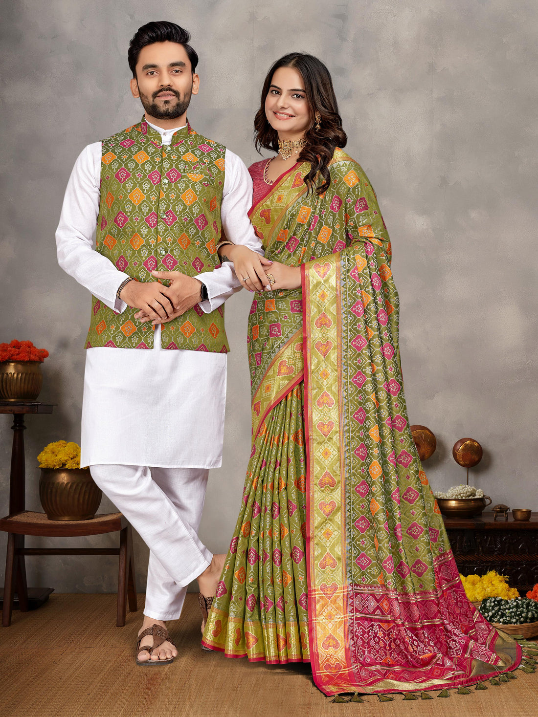 Mahendi Pure Jecqard Weaving Silk Saree With Kurta Pajama Jacket Matching Couple Combo Set