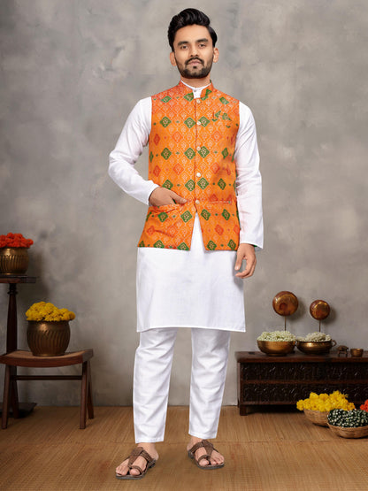 Yellow Pure Jecqard Weaving Silk Saree With Kurta Pajama Jacket Matching Couple Combo Set