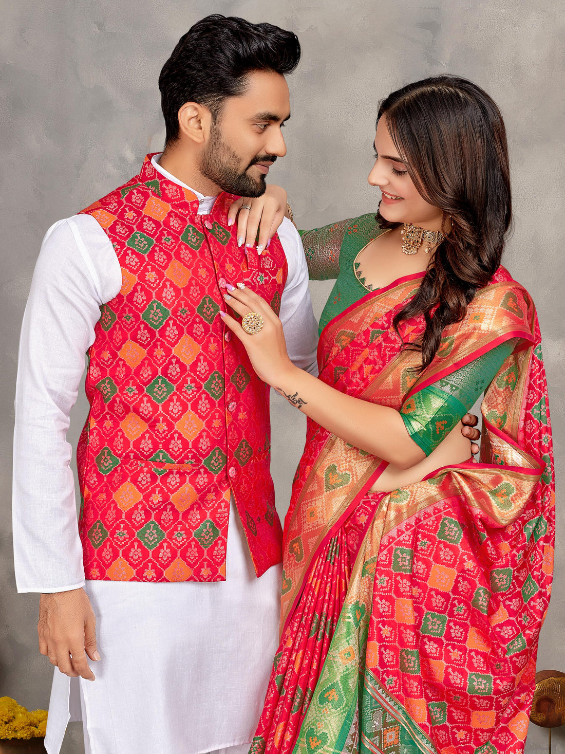 Red Pure Jecqard Weaving Silk Saree With Kurta Pajama Jacket Matching Couple Combo Set