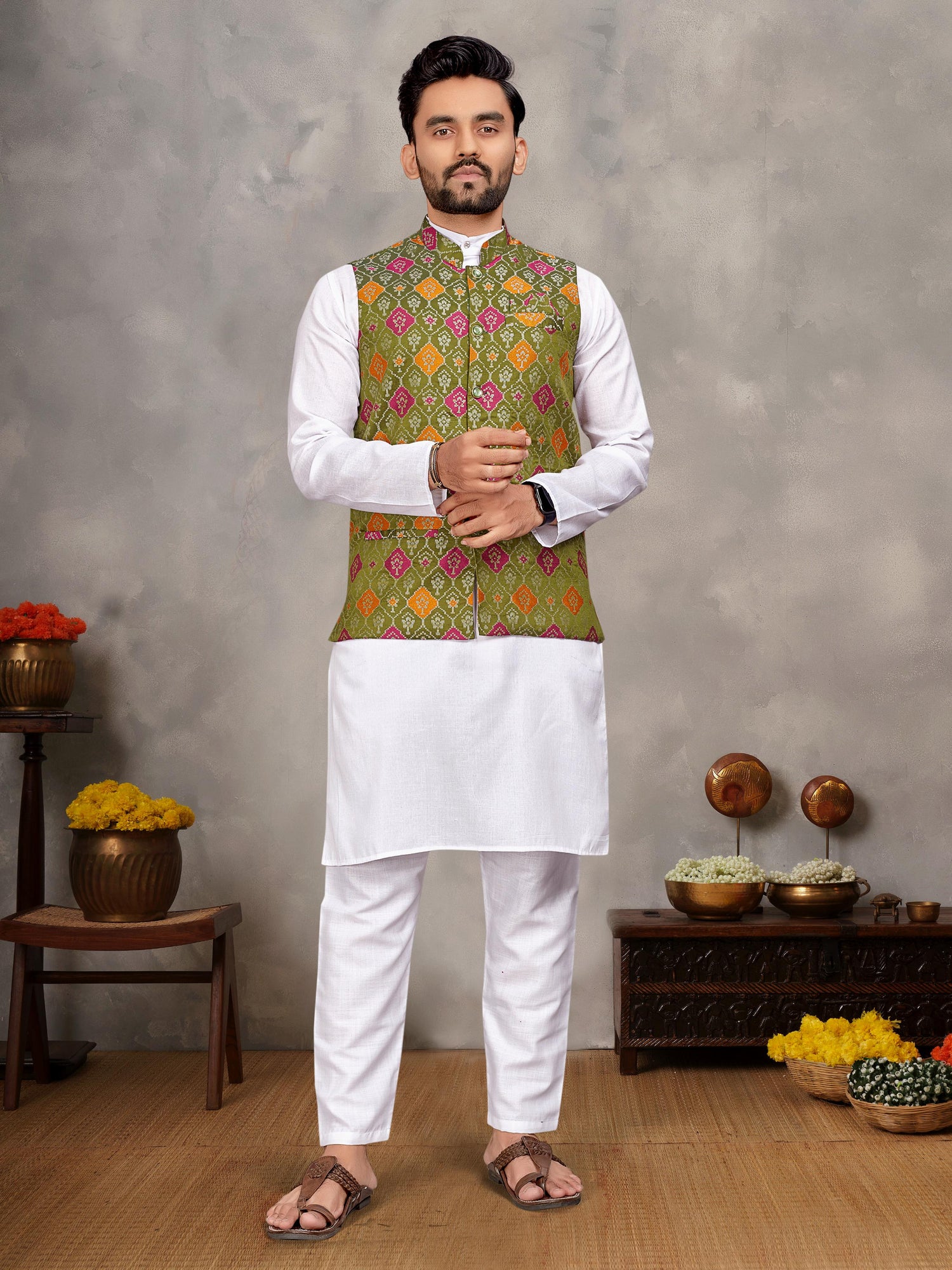 Mahendi Pure Jecqard Weaving Silk Saree With Kurta Pajama Jacket Matching Couple Combo Set