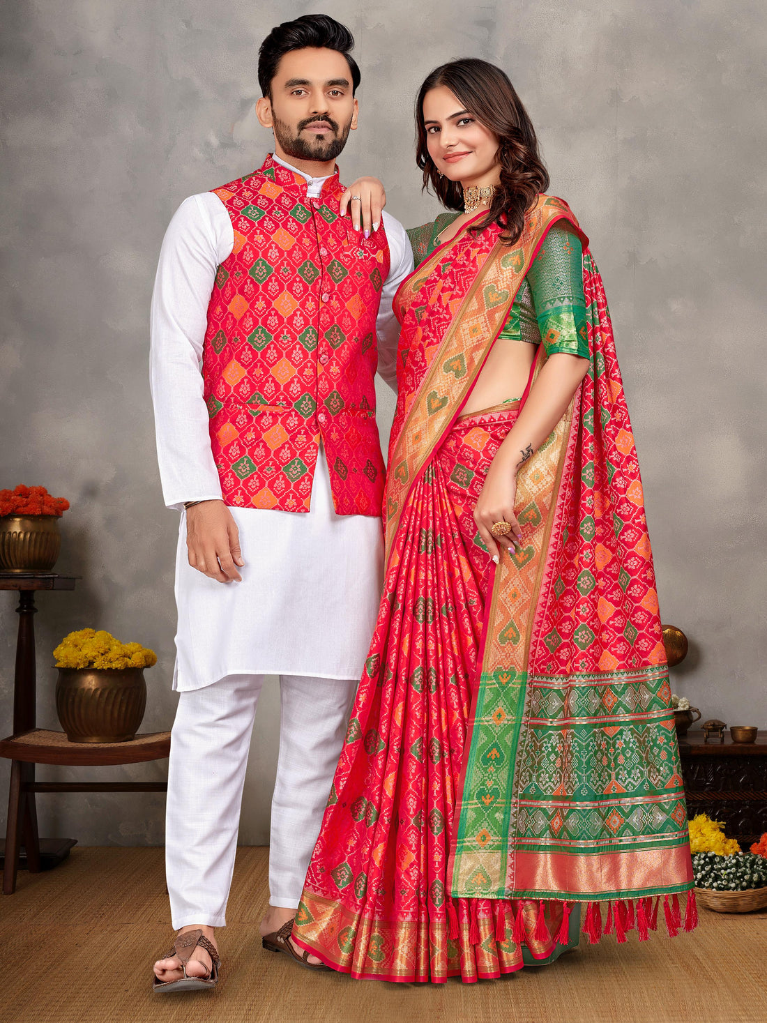 Red Pure Jecqard Weaving Silk Saree With Kurta Pajama Jacket Matching Couple Combo Set