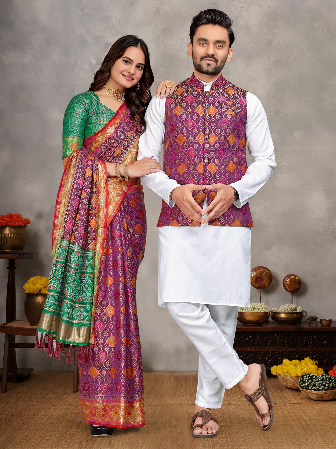 Purple Pure Jecqard Weaving Silk Saree With Kurta Pajama Jacket Matching Couple Combo Set