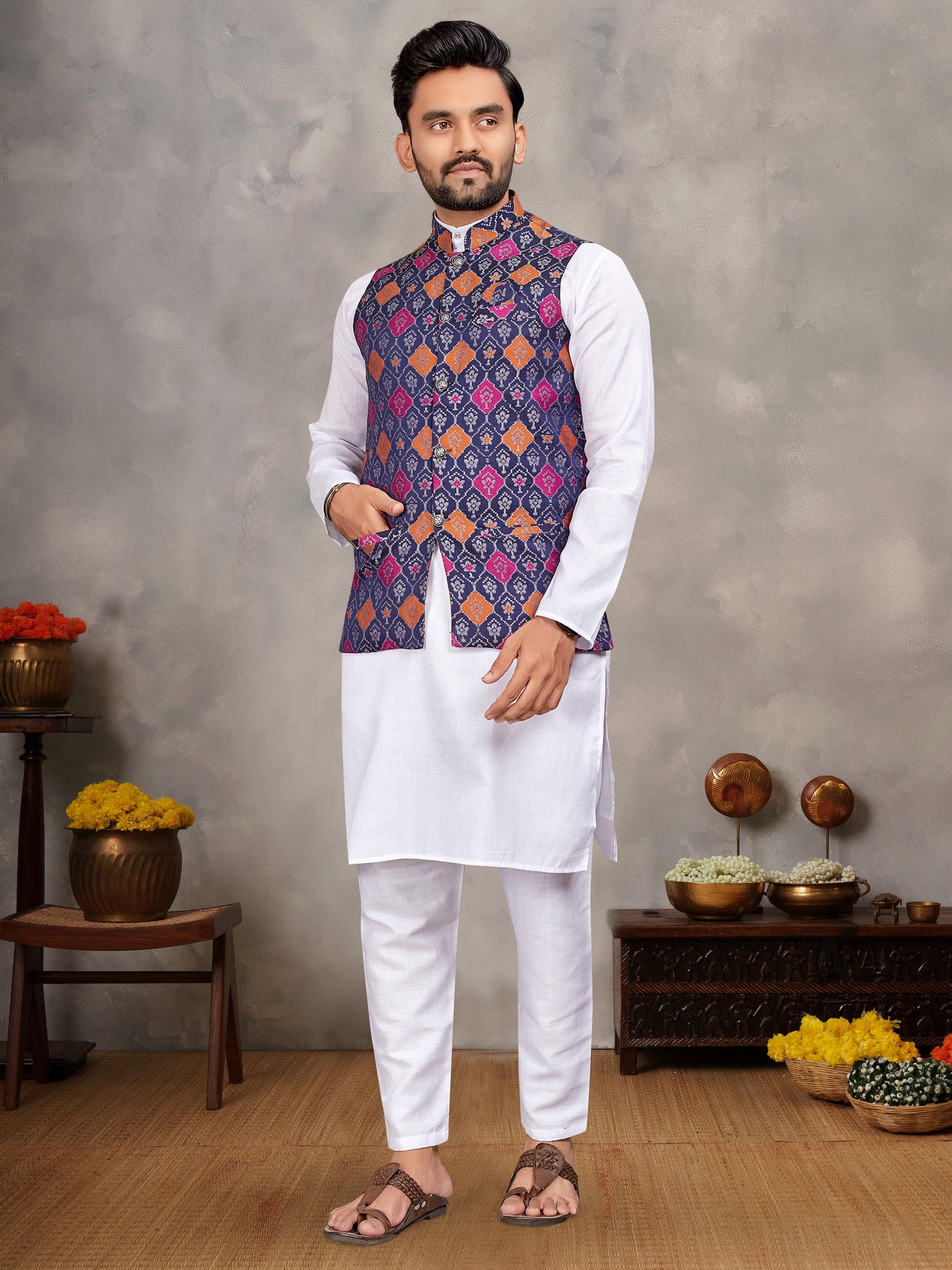 Purple Pure Jecqard Weaving Silk Saree With Kurta Pajama Jacket Matching Couple Combo Set