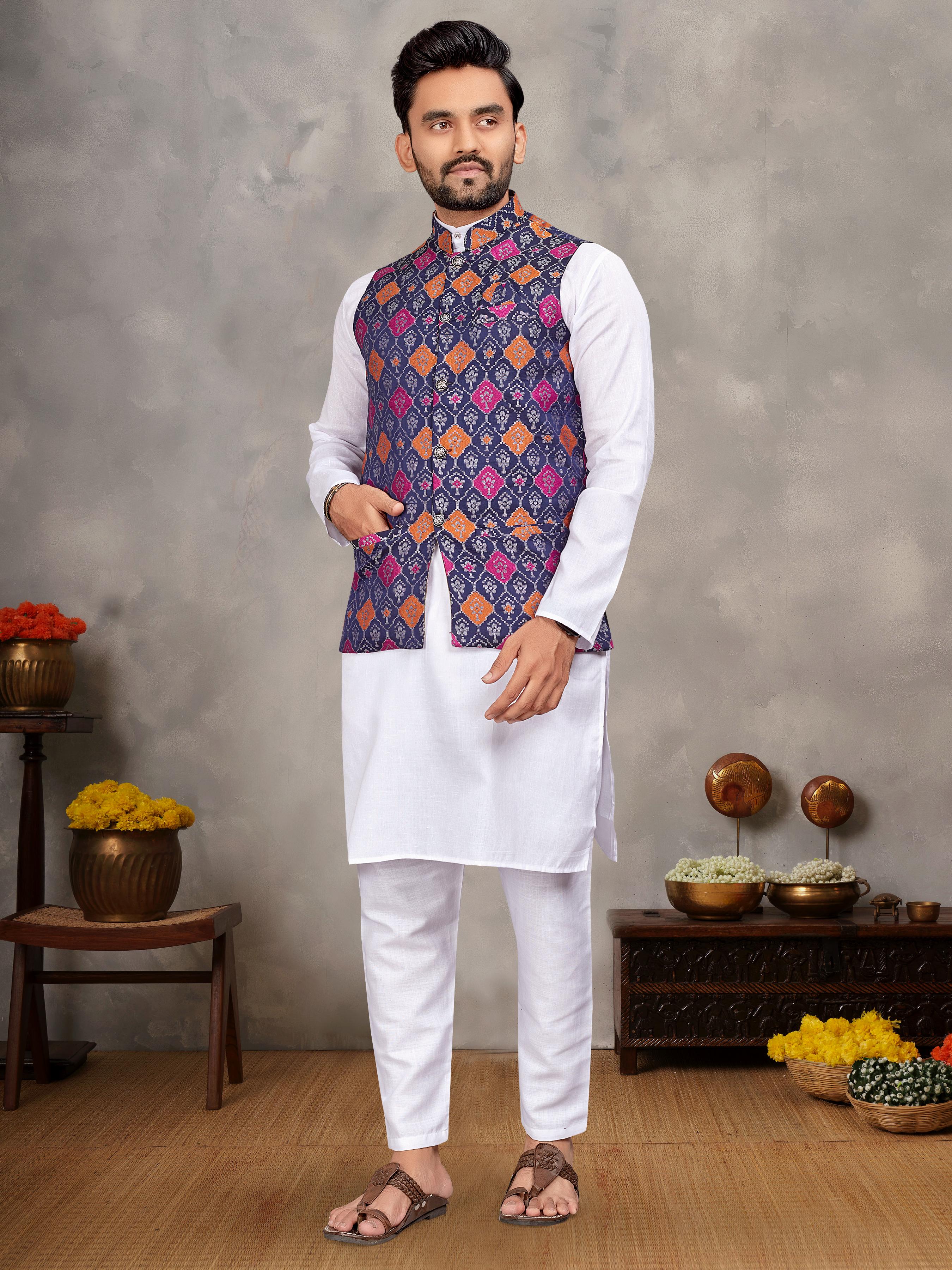 Purple Pure Jecqard Weaving Silk Saree With Kurta Pajama Jacket Matching Couple Combo Set