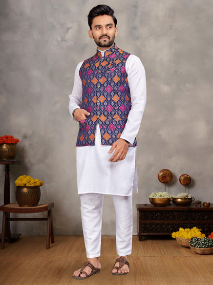 Purple Pure Jecqard Weaving Silk Saree With Kurta Pajama Jacket Matching Couple Combo Set