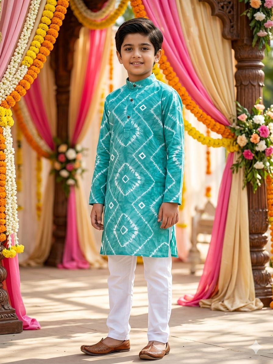 Teal Pure Soft Cotton Printed Kids Boy Kurta Pajama
