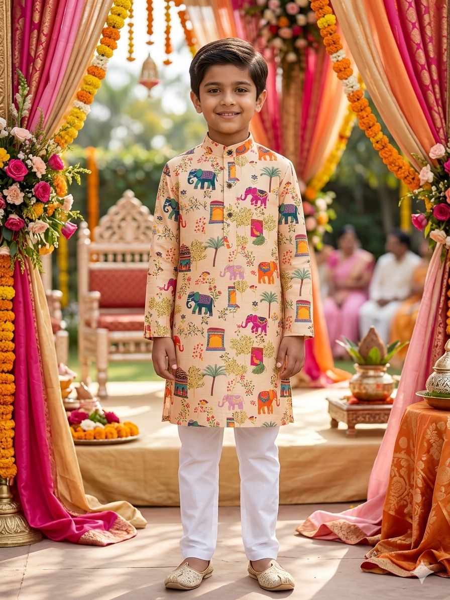 Cream Pure Soft Cotton Printed Kids Boy Kurta Pajama 