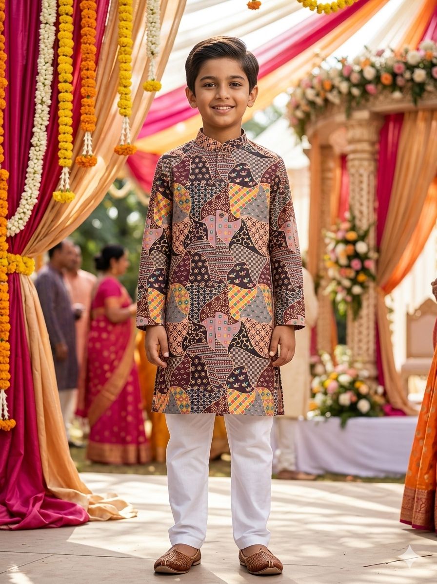 Brown Pure Soft Cotton Printed Kids Boy Kurta Pajama 