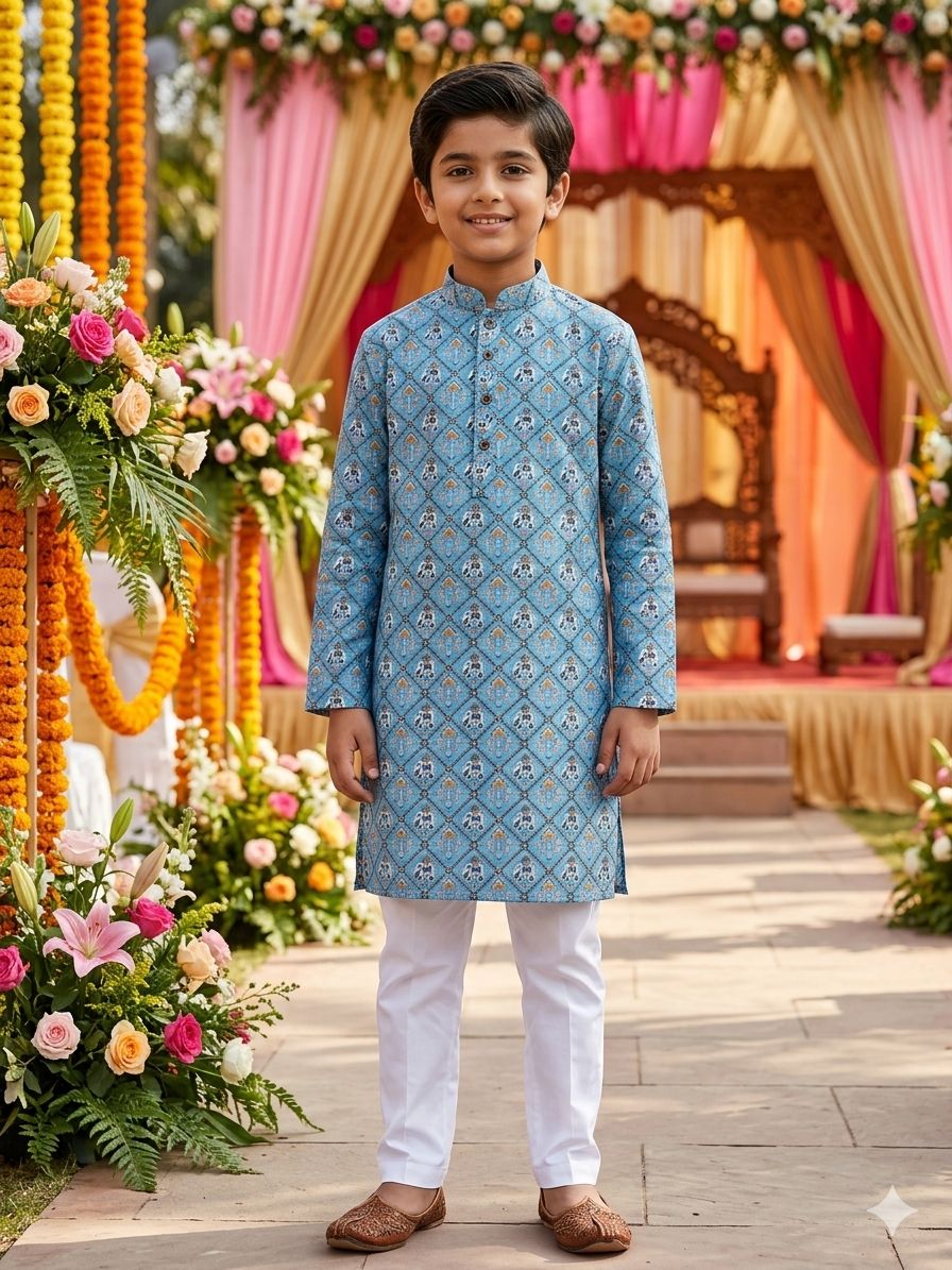 Blue Pure Soft Cotton Printed Kids Boy Kurta Pajama 