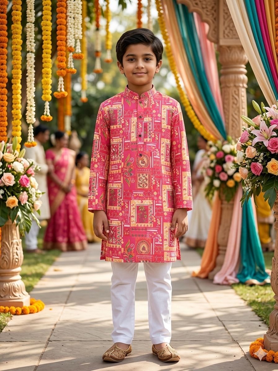 Red Pure Soft Cotton Printed Kids Boy Kurta Pajama 