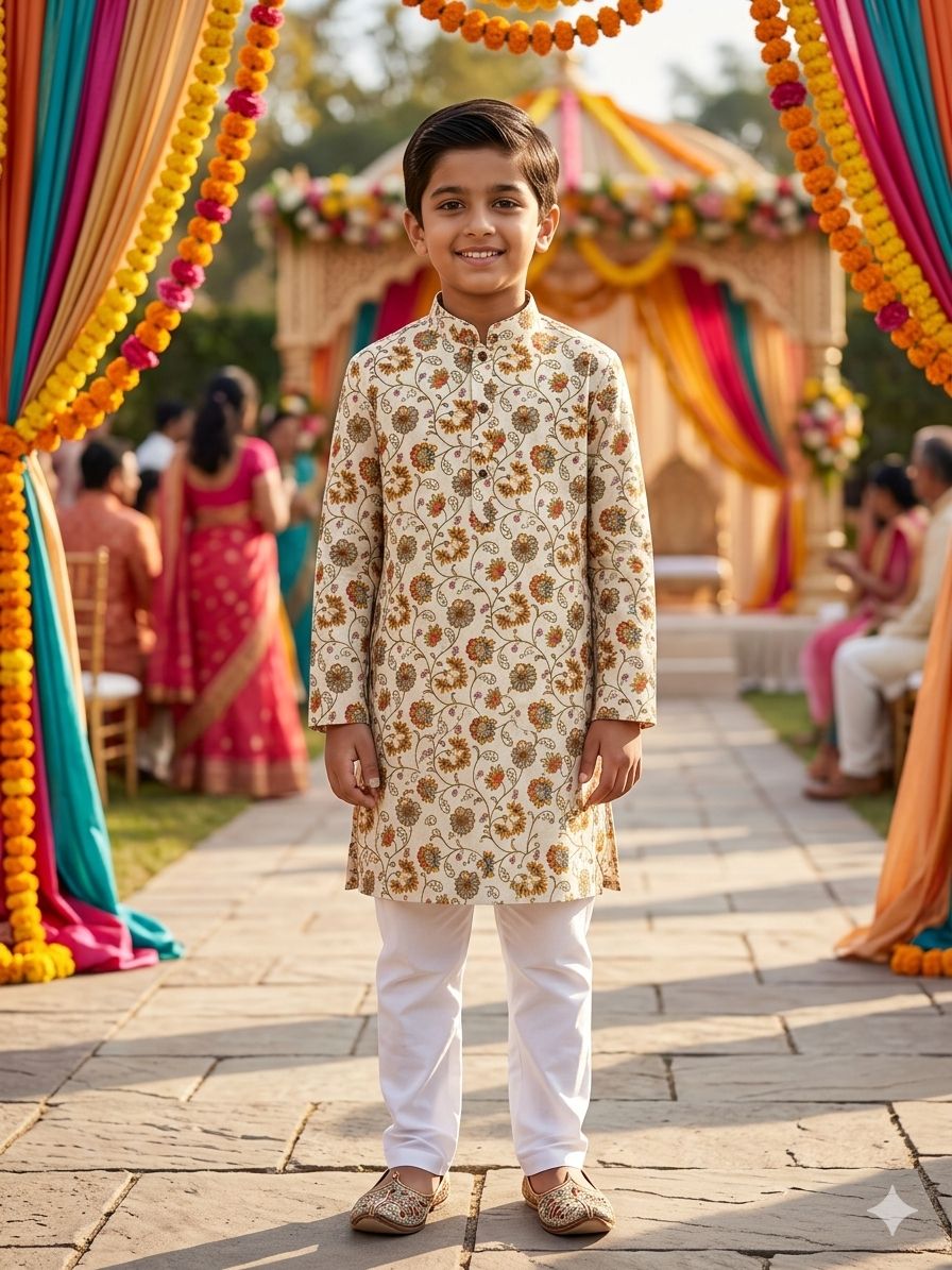 White Pure Soft Cotton Printed Kids Boy Kurta Pajama 