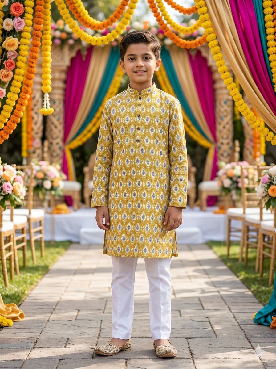 Mustard Pure Soft Cotton Printed Kids Boy Kurta Pajama 