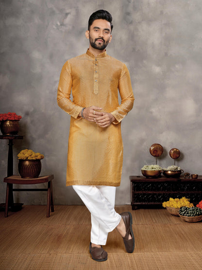 Mustard Pure Jari Checks Silk Saree With Kurta Pajama Matching Couple Combo Set