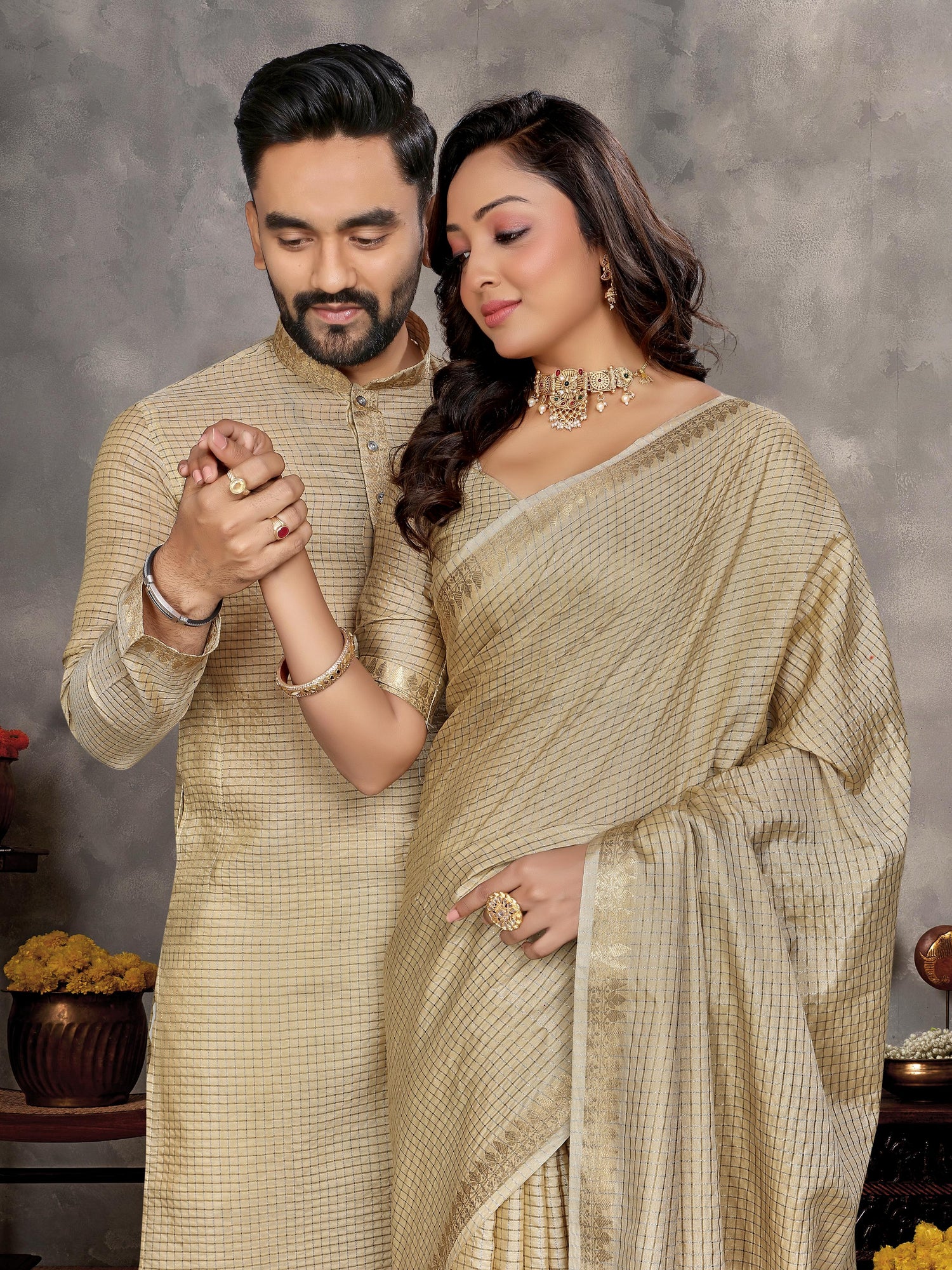 Chiku Pure Jari Checks Silk Saree With Kurta Pajama Matching Couple Combo Set