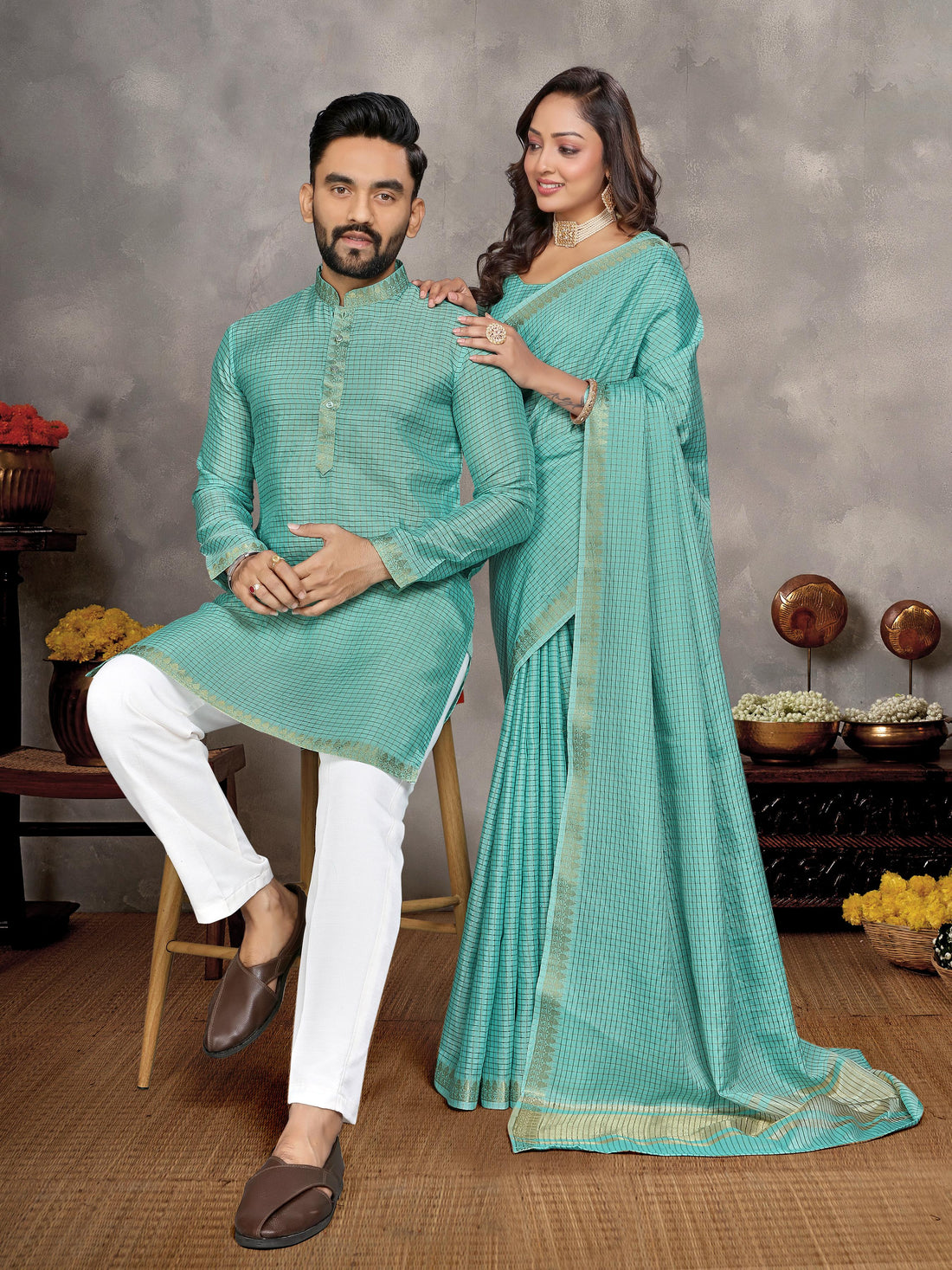 Sea Green Pure Jari Checks Silk Saree With Kurta Pajama Matching Couple Combo Set