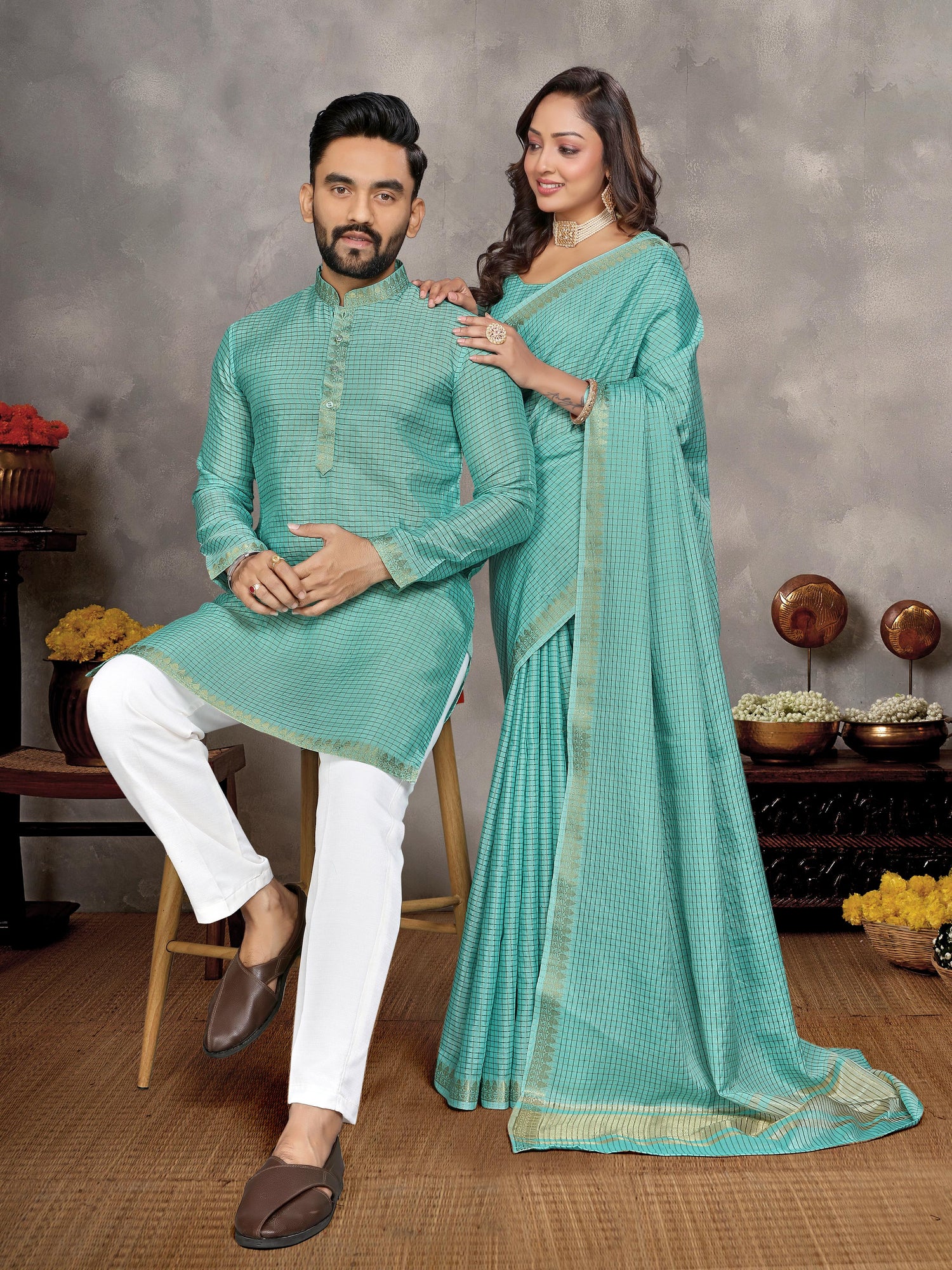 Sea Green Pure Jari Checks Silk Saree With Kurta Pajama Matching Couple Combo Set