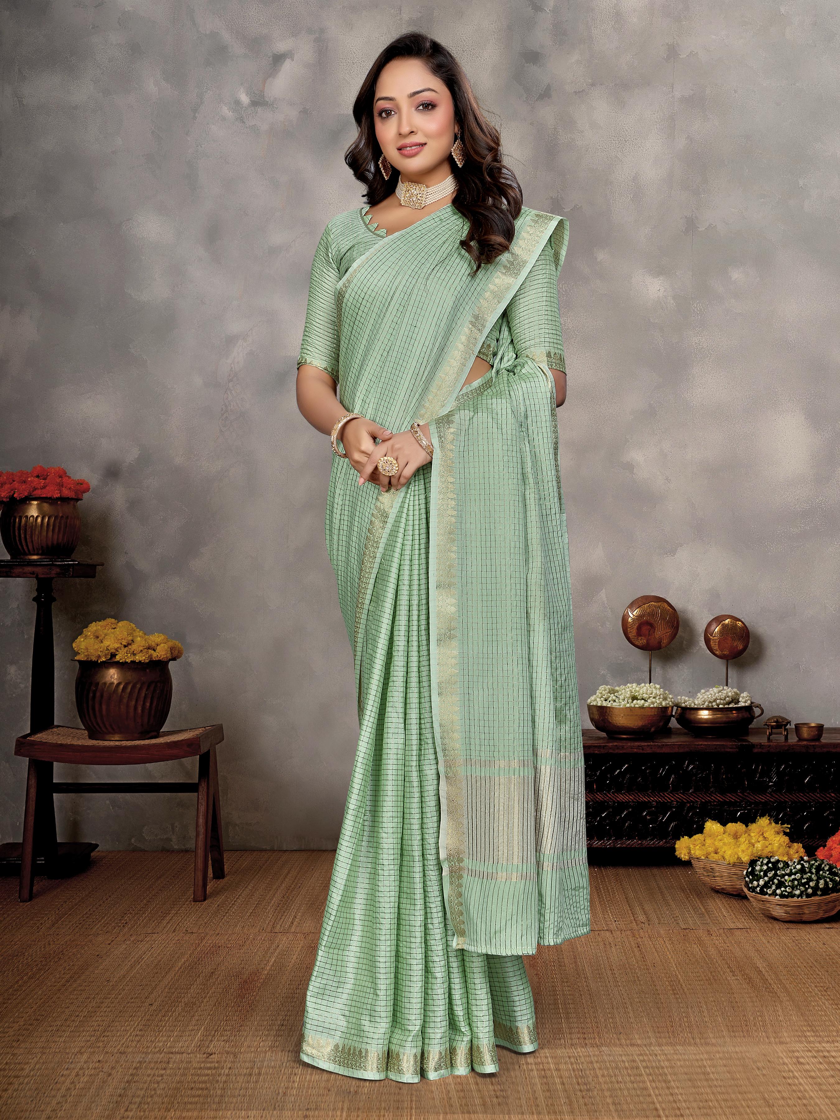 Green Pure Jari Checks Silk Saree With Kurta Pajama Matching Couple Combo Set