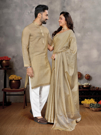 Chiku Pure Jari Checks Silk Saree With Kurta Pajama Matching Couple Combo Set