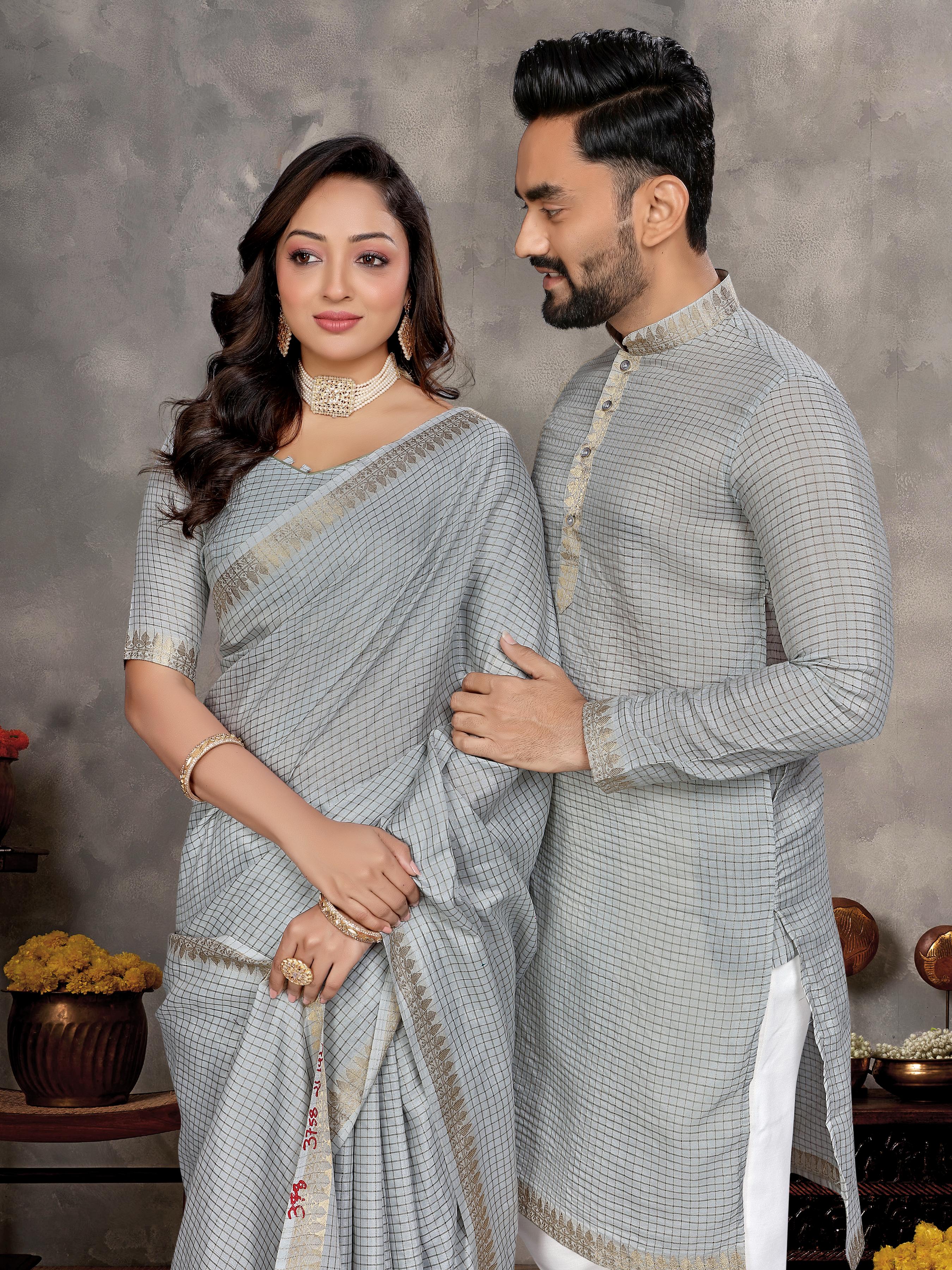 Grey Pure Jari Checks Silk Saree With Kurta Pajama Matching Couple Combo Set