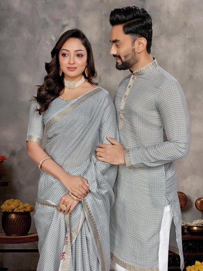 Grey Pure Jari Checks Silk Saree With Kurta Pajama Matching Couple Combo Set