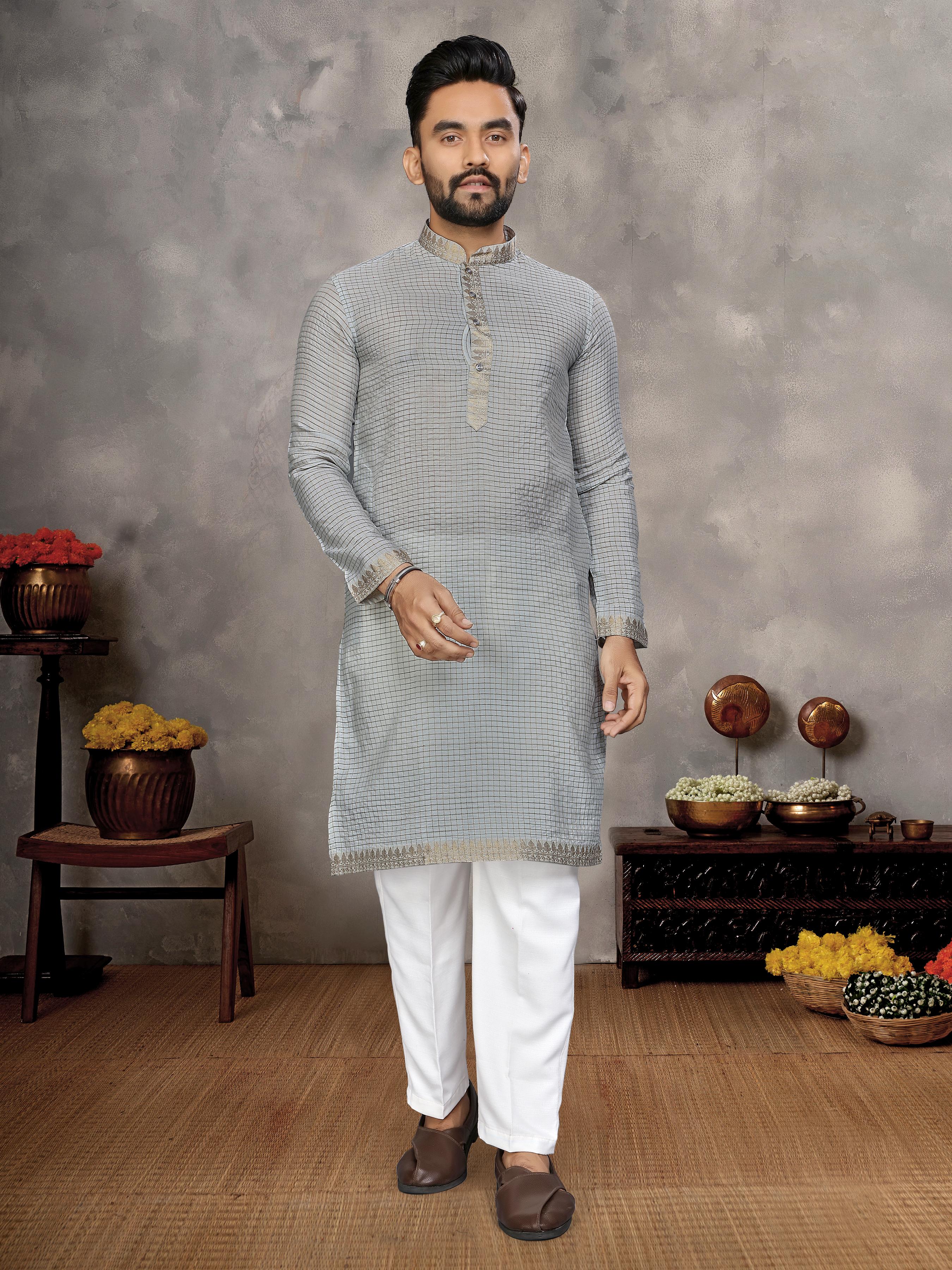 Grey Pure Jari Checks Silk Saree With Kurta Pajama Matching Couple Combo Set