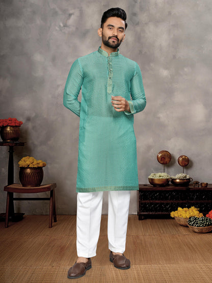 Sea Green Pure Jari Checks Silk Saree With Kurta Pajama Matching Couple Combo Set